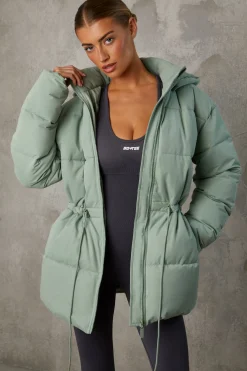 Oh Polly Coats^Mid Length Hooded Puffer Coat in Iceberg Green IcebergGreen