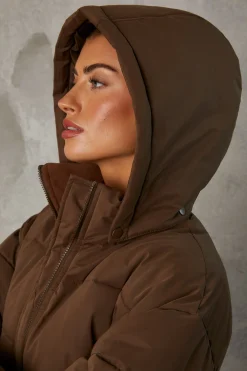 Oh Polly Coats^Mid Length Hooded Puffer Coat in Cocoa Brown CocoaBrown