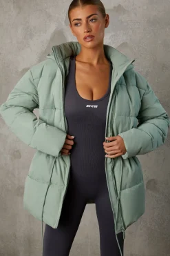 Oh Polly Coats^Mid Length Hooded Puffer Coat in Iceberg Green IcebergGreen