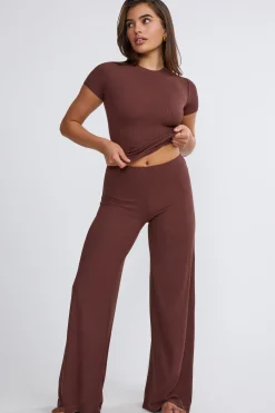 Oh Polly Bottoms | Co-Ords^Mid Rise Wide Leg Trouser in Chocolate