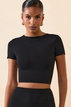 Oh Polly Tops^Modal Cap-Sleeve Crop Top in Black