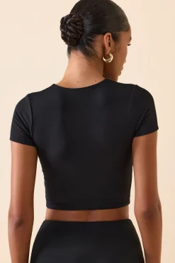 Oh Polly Tops^Modal Cap-Sleeve Crop Top in Black