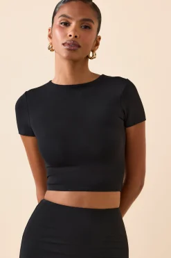 Oh Polly Tops^Modal Cap-Sleeve Crop Top in Black