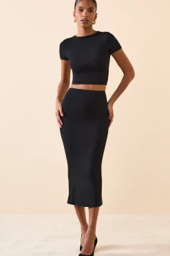 Oh Polly Tops^Modal Cap-Sleeve Crop Top in Black