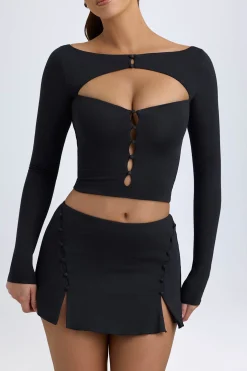 Oh Polly Tops^Modal Cut-Out Button-Detail Top in Black