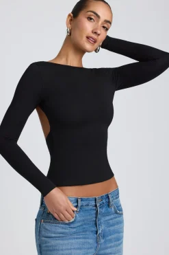 Oh Polly Co-Ords | Tops^Modal High Neck Long Sleeve Open Back Top in Black