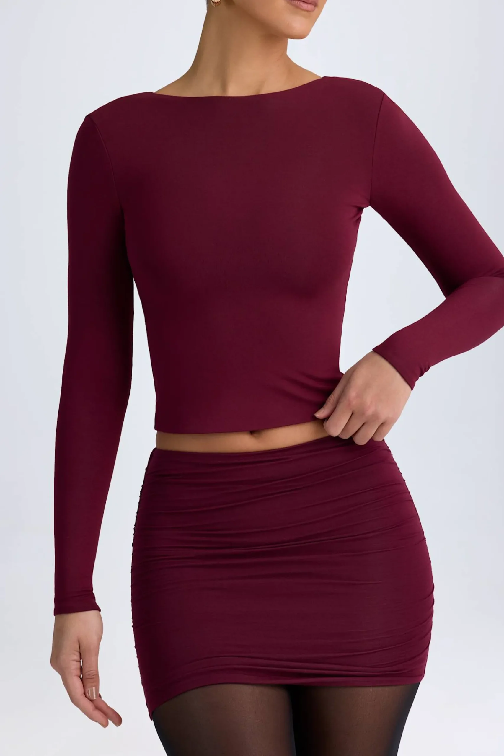 Oh Polly Tops^Modal High-Neck Open-Back Top in Wine Red WineRed
