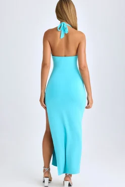 Oh Polly Wedding Guest^Modal High-Split Halterneck Maxi Dress in Aqua Blue