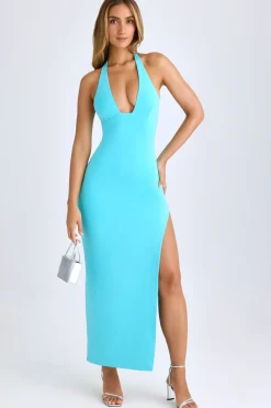 Oh Polly Wedding Guest^Modal High-Split Halterneck Maxi Dress in Aqua Blue