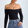 Oh Polly Tops^Modal Off-Shoulder Ruched Bodysuit in Black