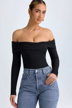 Oh Polly Tops^Modal Off-Shoulder Ruched Bodysuit in Black