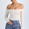 Oh Polly Tops^Modal Off-Shoulder Ruched Bodysuit in Ivory