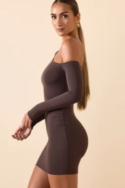 Oh Polly Fall Outfits^Modal Off-Shoulder Ruched Mini Dress in Chocolate Brown ChocolateBrown