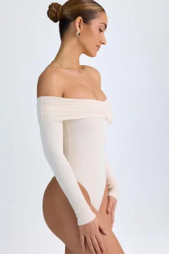 Oh Polly Tops^Modal Off-Shoulder Ruched Bodysuit in Ivory