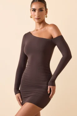 Oh Polly Fall Outfits^Modal Off-Shoulder Ruched Mini Dress in Chocolate Brown ChocolateBrown