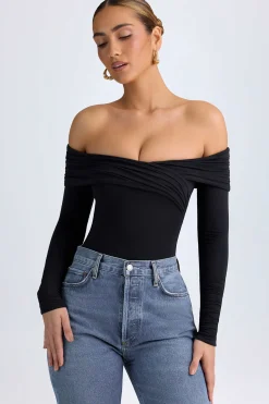 Oh Polly Tops^Modal Off-Shoulder Ruched Bodysuit in Black