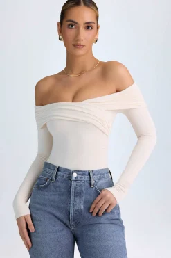 Oh Polly Tops^Modal Off-Shoulder Ruched Bodysuit in Ivory