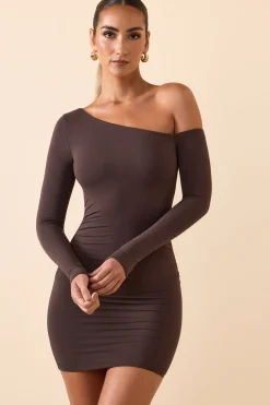Oh Polly Fall Outfits^Modal Off-Shoulder Ruched Mini Dress in Chocolate Brown ChocolateBrown