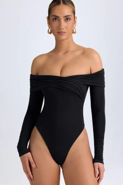 Oh Polly Tops^Modal Off-Shoulder Ruched Bodysuit in Black
