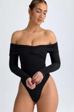 Oh Polly Tops^Modal Off-Shoulder Ruched Bodysuit in Black