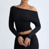 Oh Polly Tops^Modal One-Shoulder Ruched Top in Black