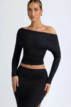 Oh Polly Tops^Modal One-Shoulder Ruched Top in Black