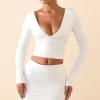 Oh Polly Tops^Modal Plunge Long-Sleeve Top in White
