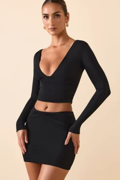 Oh Polly Tops^Modal Plunge Long-Sleeve Top in Black