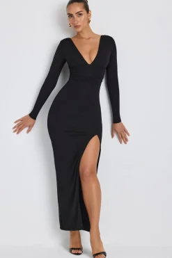 Oh Polly Fall Outfits^Modal Plunge Neck Long Sleeve Maxi Dress in Black