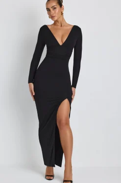 Oh Polly Fall Outfits^Modal Plunge Neck Long Sleeve Maxi Dress in Black