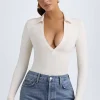 Oh Polly Tops^Modal Plunge V-Neck Bodysuit in Ivory