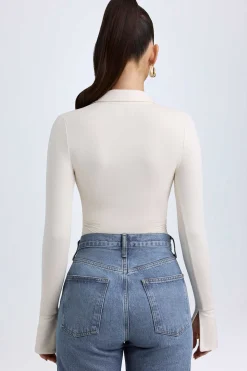 Oh Polly Tops^Modal Plunge V-Neck Bodysuit in Ivory