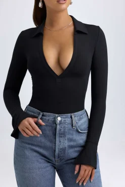 Oh Polly Tops^Modal Plunge V-Neck Bodysuit in Black