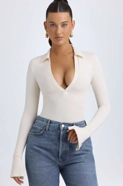 Oh Polly Tops^Modal Plunge V-Neck Bodysuit in Ivory
