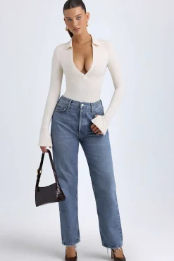 Oh Polly Tops^Modal Plunge V-Neck Bodysuit in Ivory