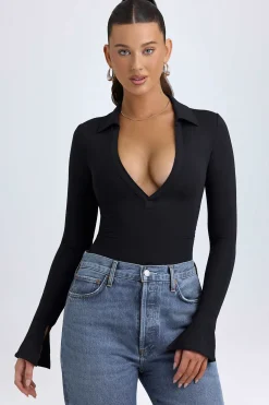 Oh Polly Tops^Modal Plunge V-Neck Bodysuit in Black