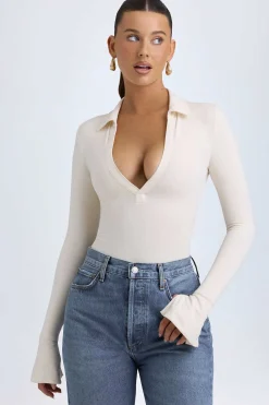 Oh Polly Tops^Modal Plunge V-Neck Bodysuit in Ivory