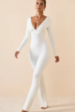Oh Polly Jumpsuits & Unitards | Fall Outfits^Modal Ruched Plunge Flared Jumpsuit in White