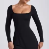 Oh Polly Fall Outfits^Modal Square Neck Long Sleeve Mini Dress in Black
