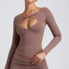 Oh Polly Co-Ords | Tops^Modal Twist-Front Long-Sleeve Crop Top in Taupe