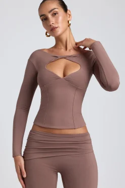 Oh Polly Co-Ords | Tops^Modal Twist-Front Long-Sleeve Crop Top in Taupe