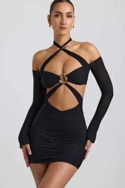 Oh Polly Night Out | Mesh Dresses^Off-Shoulder Ruched Cut-Out Mini Dress in Black