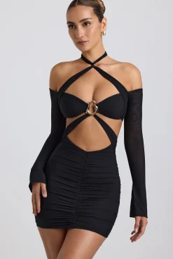 Oh Polly Night Out | Mesh Dresses^Off-Shoulder Ruched Cut-Out Mini Dress in Black