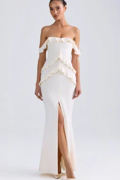 Oh Polly Bride To Be | Georgette And Chiffon^Off-Shoulder Ruffle-Trim Gown in Ivory
