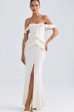 Oh Polly Bride To Be | Georgette And Chiffon^Off-Shoulder Ruffle-Trim Gown in Ivory