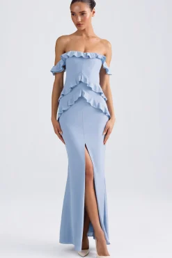 Oh Polly Wedding Guest | Georgette And Chiffon^Off-Shoulder Ruffle-Trim Gown in Light Blue LightBlue
