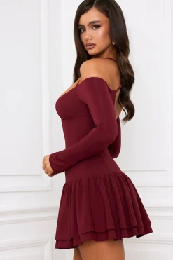 Oh Polly Holiday Party Dresses & Outfits^Off-Shoulder Tiered Corset Mini Dress in Berry Red BerryRed