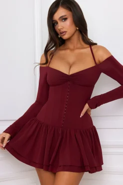 Oh Polly Holiday Party Dresses & Outfits^Off-Shoulder Tiered Corset Mini Dress in Berry Red BerryRed