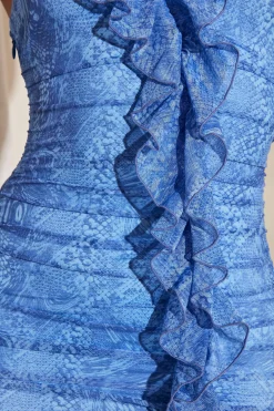 Oh Polly Women'S Clothing Sale - $65 And Under | Women'S Clothing Sale - $40 And Under^One Shoulder Asymmetric Frill Mini Dress in Blue Print BluePrint