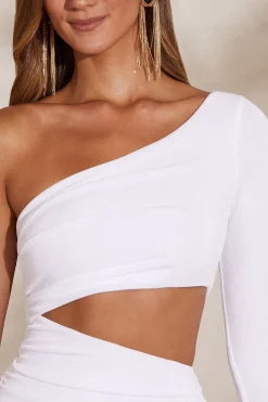 Oh Polly Bride To Be^One Shoulder Flare Sleeve Mini Dress in White